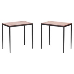 Pair of Iron and Leather Tops Small Console Tables or End Tables, Contemporary