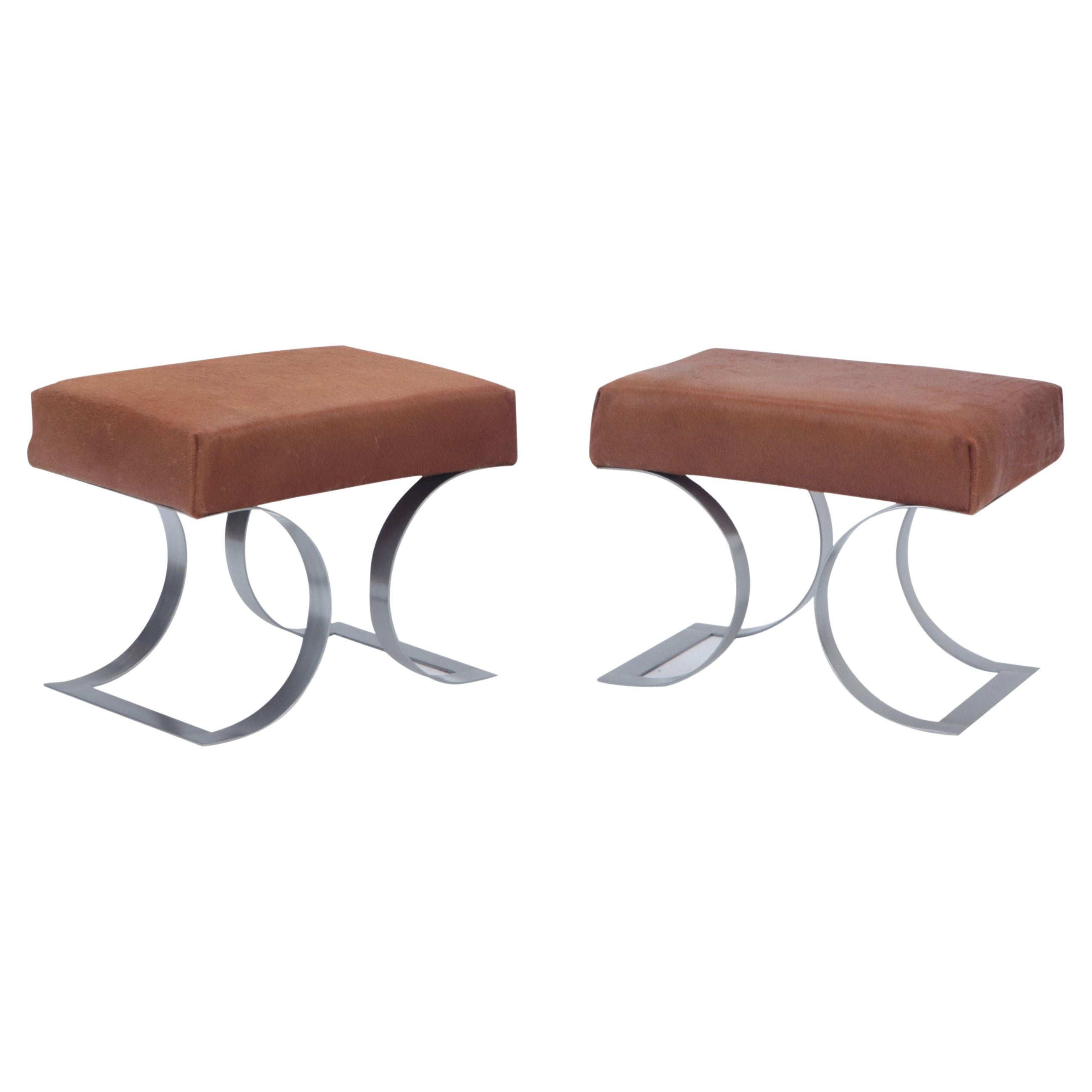 Pair of Iron Benches Upholstered in Cowhide, Contemporary