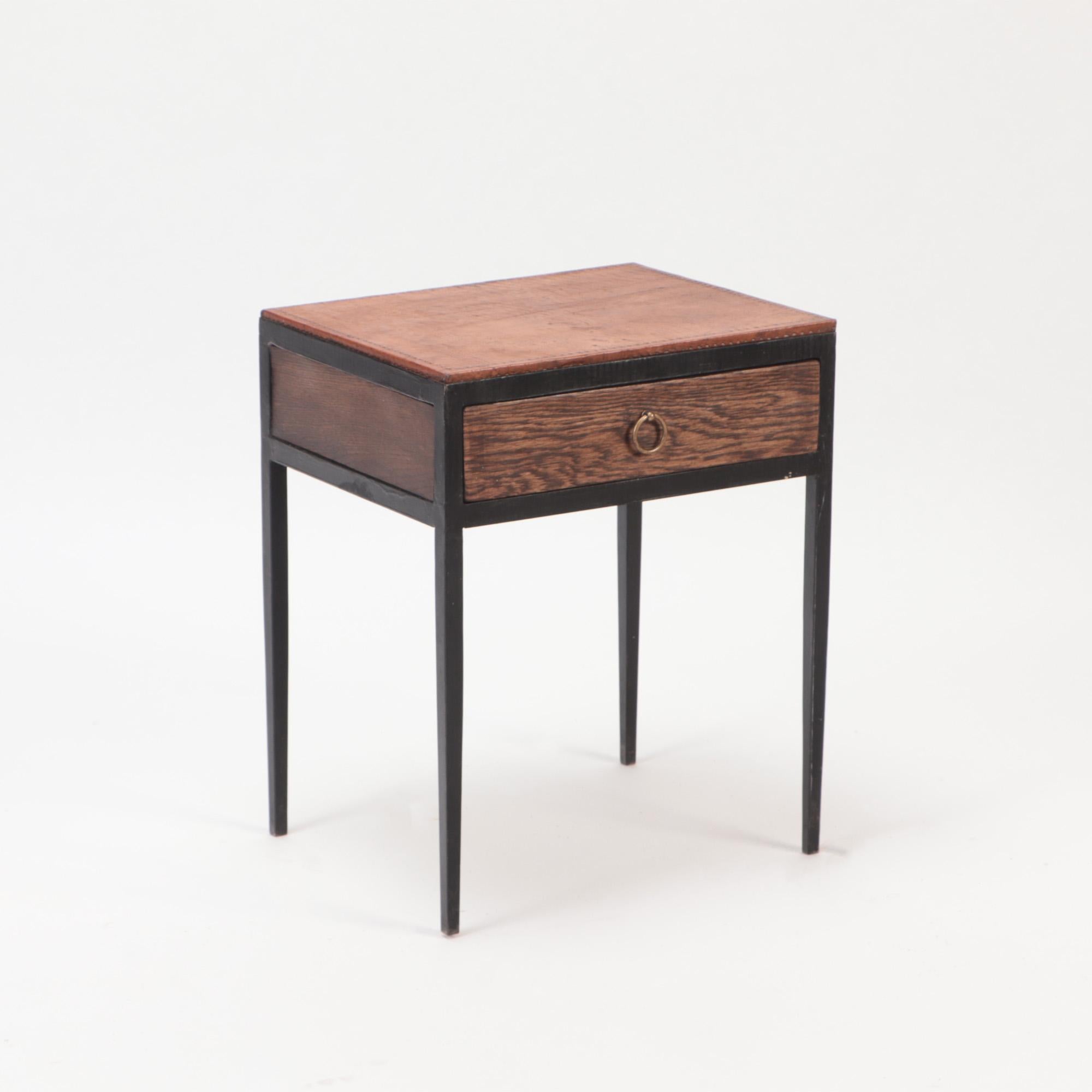 Pair of Iron and oak Side Tables or Night Stands with Leather Tops, Contemporary 1