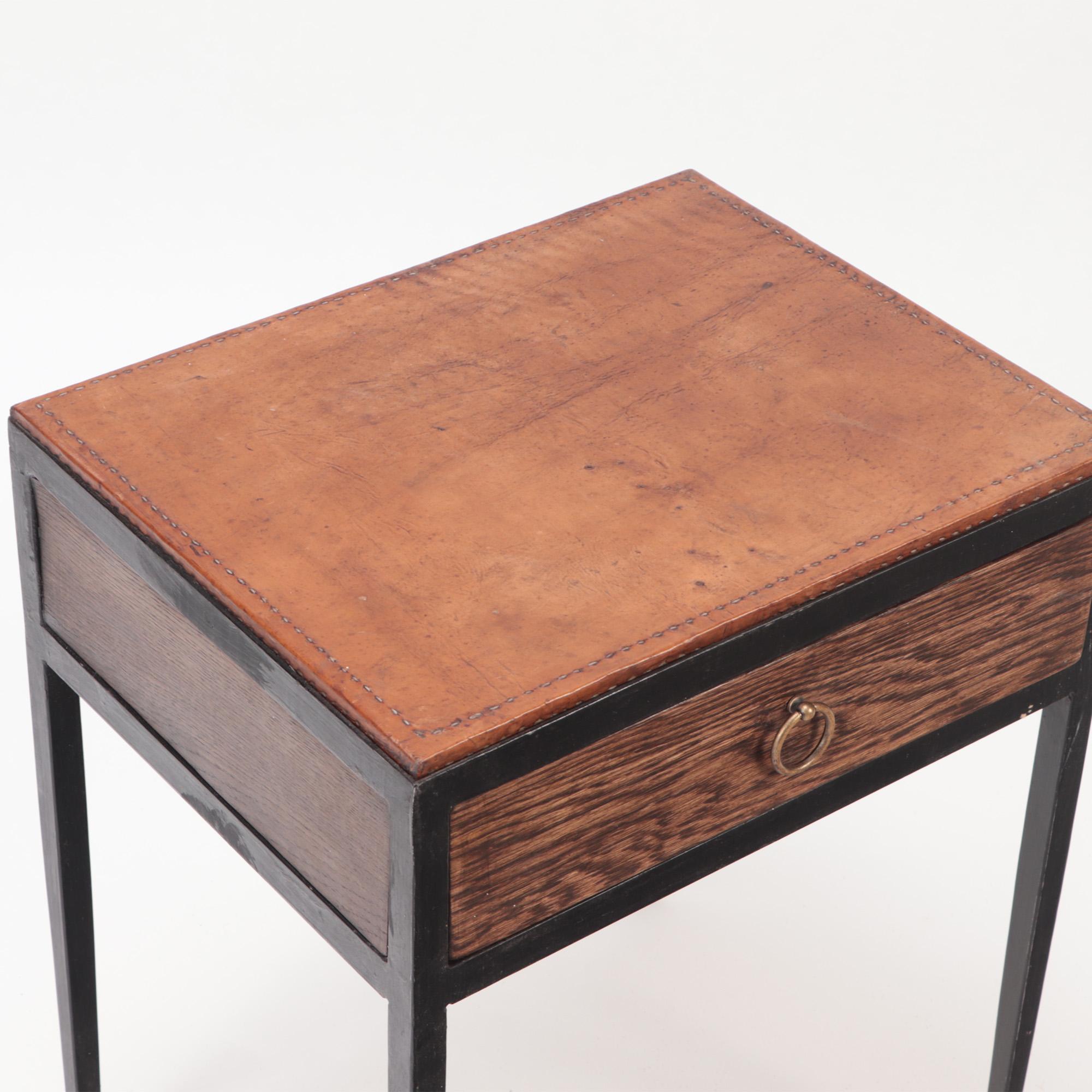Pair of Iron and oak Side Tables or Night Stands with Leather Tops, Contemporary 2