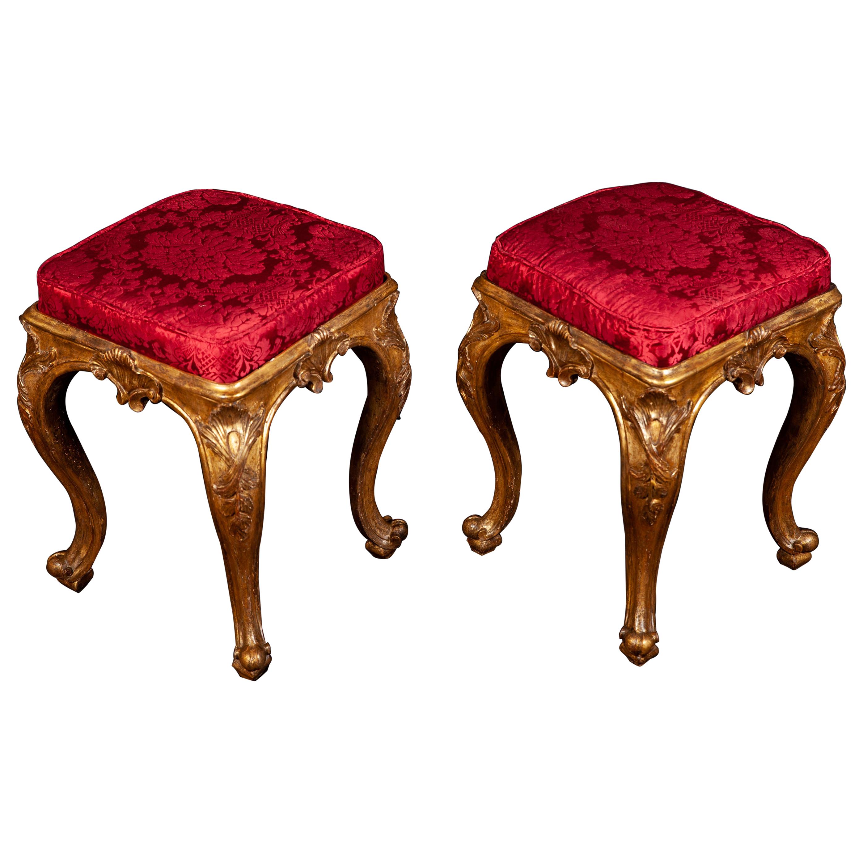 Pair of Italian 18th Century Giltwood Stools Roma, 1750 For Sale