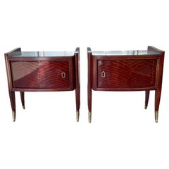 Vintage A pair of Italian 1940s mahogany bedside tables with brass detailing