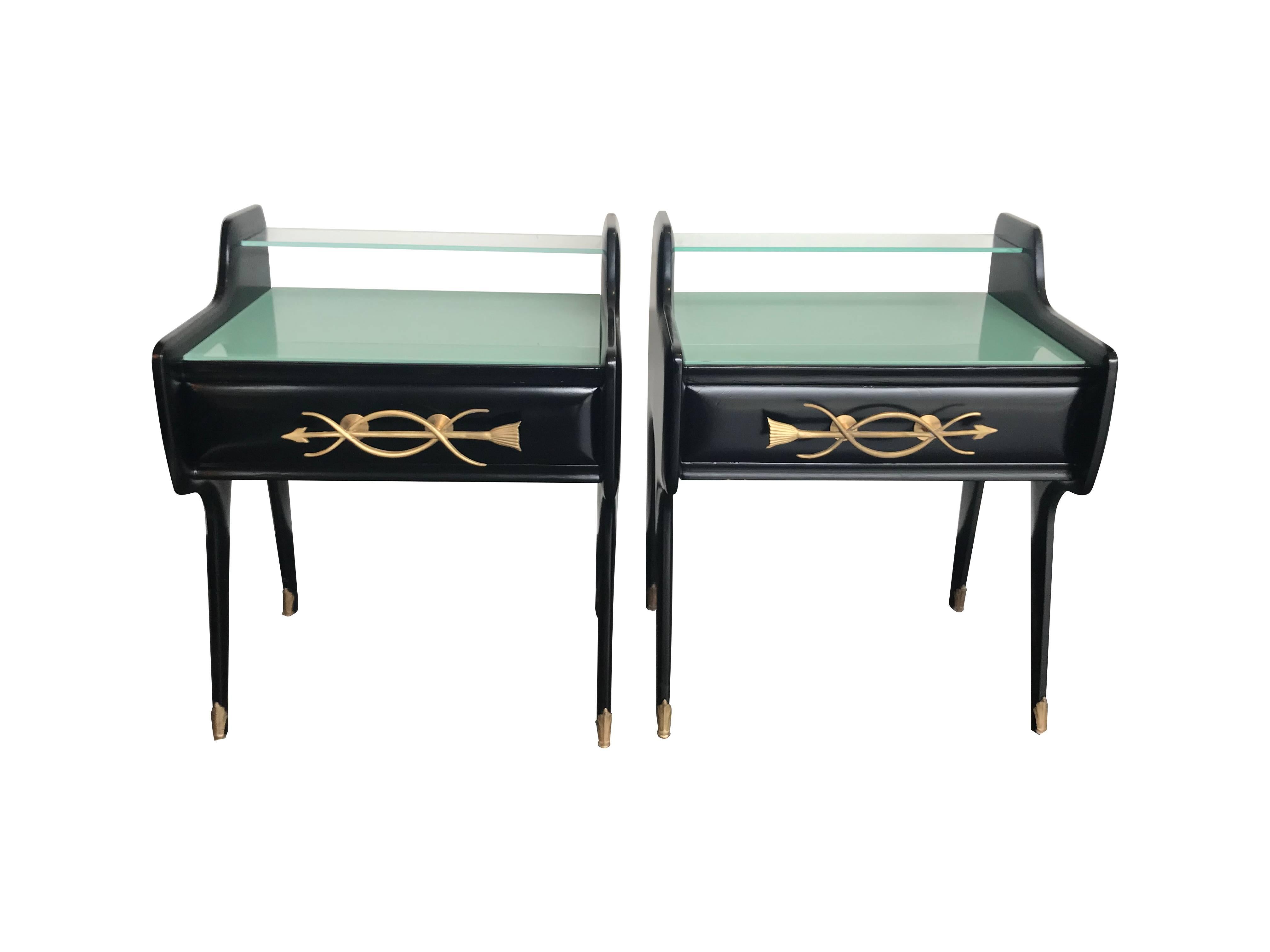 Metal Pair of Italian 1950s Ebonized Bedside Tables