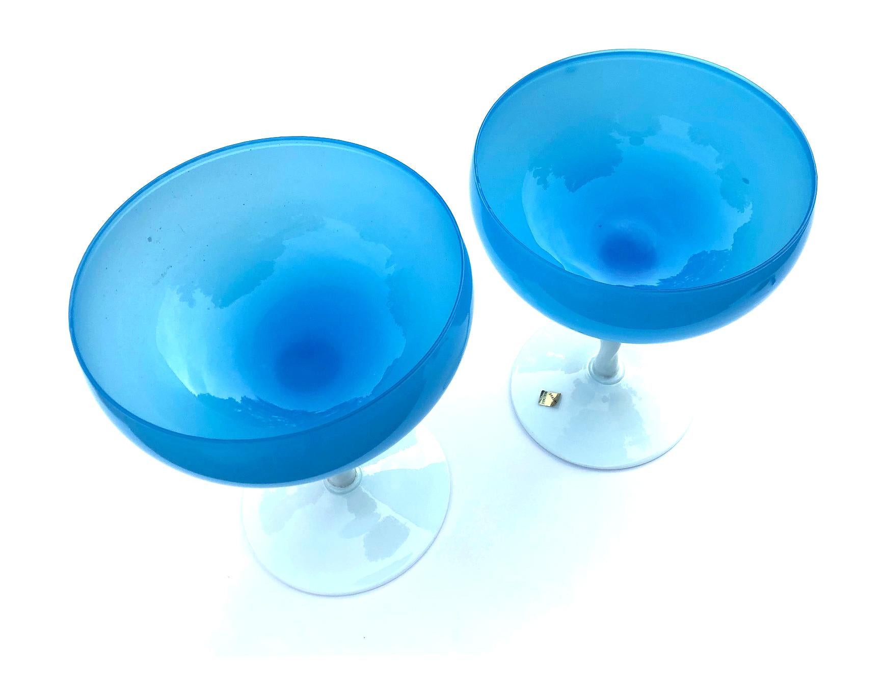 Mid-20th Century Pair of Italian 1950's Sky-Blue Opaline Glass Compotes For Sale