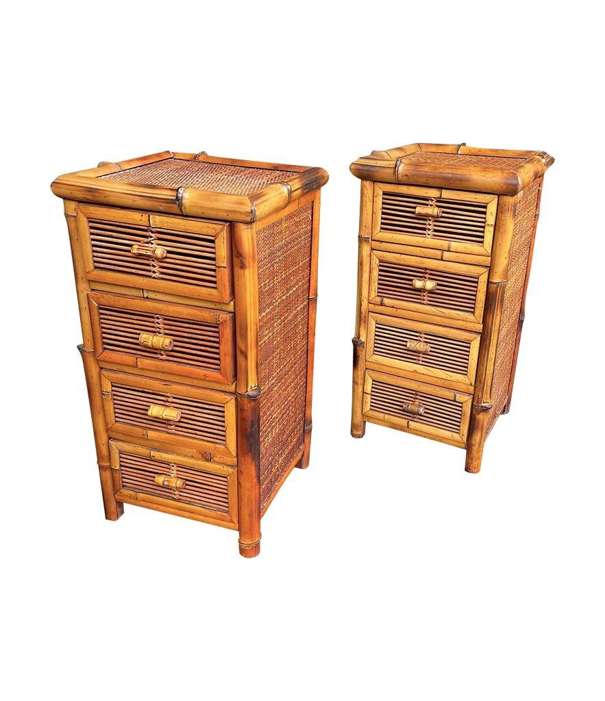 A pair of Italian 1970s bamboo bedside tables each with four drawers with bamboo handles and rattan fronts and tops.