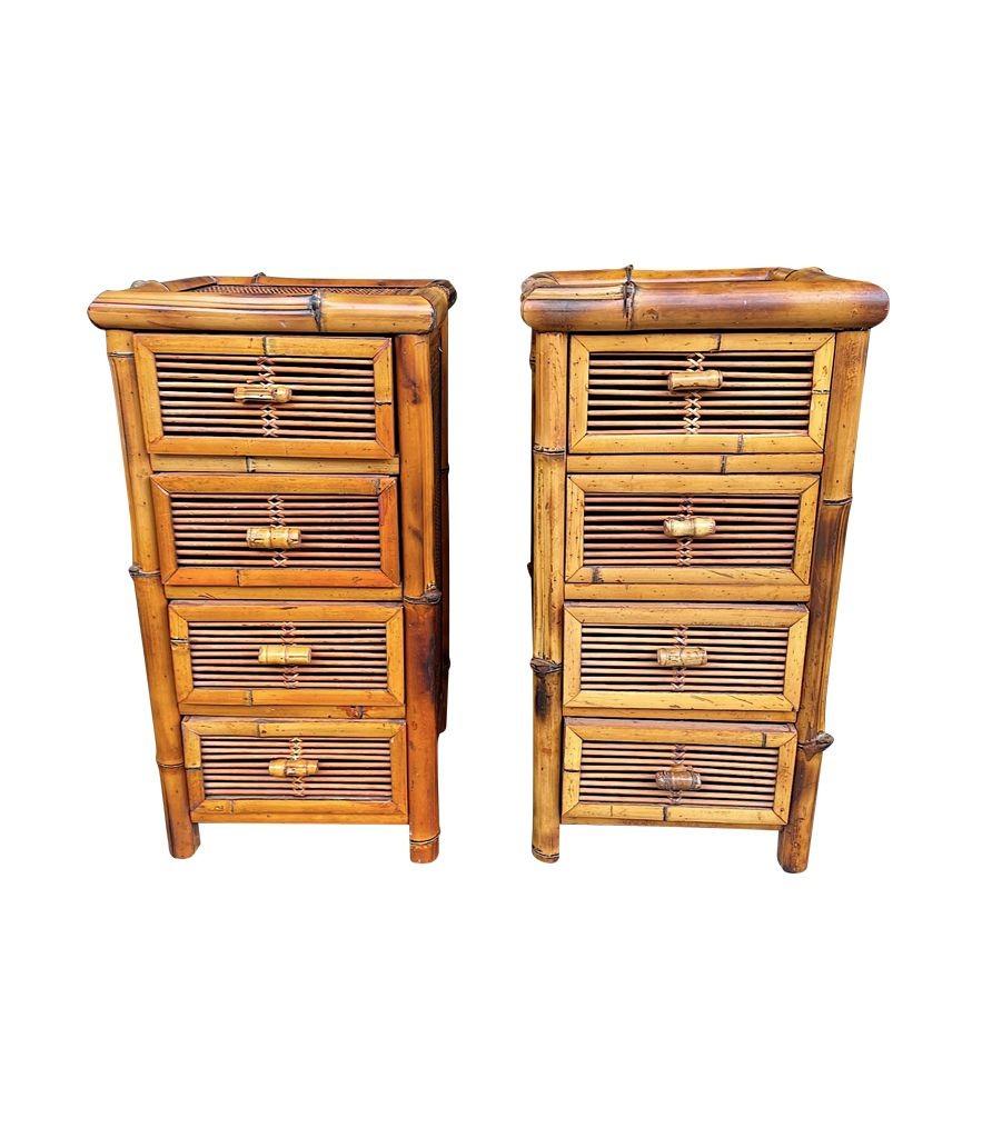 Mid-Century Modern A pair of Italian 1970s bamboo and rattan bedside tables each with four drawers For Sale