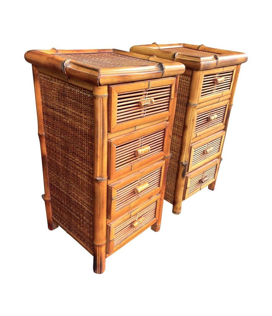 A pair of Italian 1970s bamboo and rattan bedside tables each with four drawers In Good Condition For Sale In London, GB