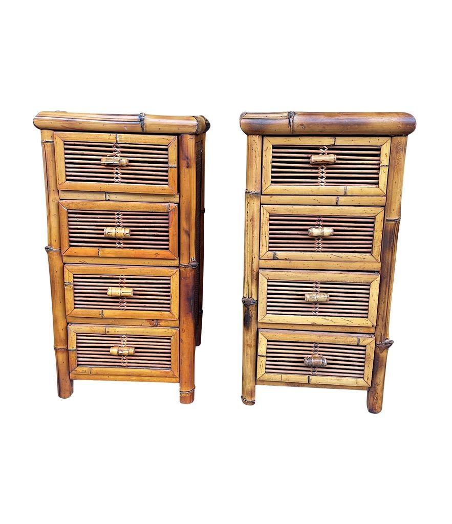 Late 20th Century A pair of Italian 1970s bamboo and rattan bedside tables each with four drawers For Sale