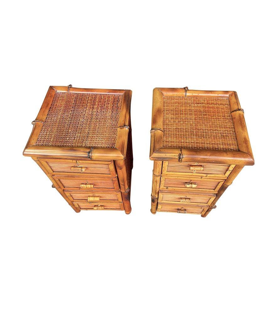 Bamboo A pair of Italian 1970s bamboo and rattan bedside tables each with four drawers For Sale