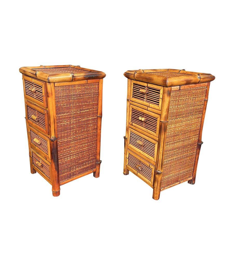 A pair of Italian 1970s bamboo and rattan bedside tables each with four drawers For Sale 1
