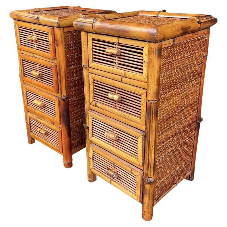 A pair of Italian 1970s bamboo and rattan bedside tables each with four drawers For Sale