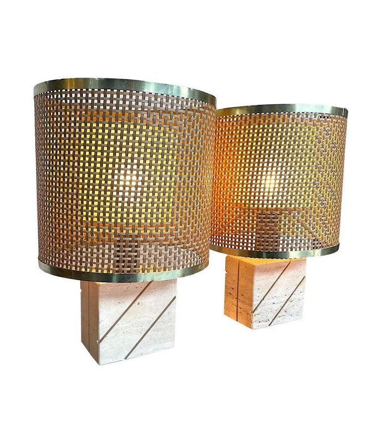 Pair of Italian 1970s Travertine and Brass Table Lamps by Fratelli Mannelli For Sale 7