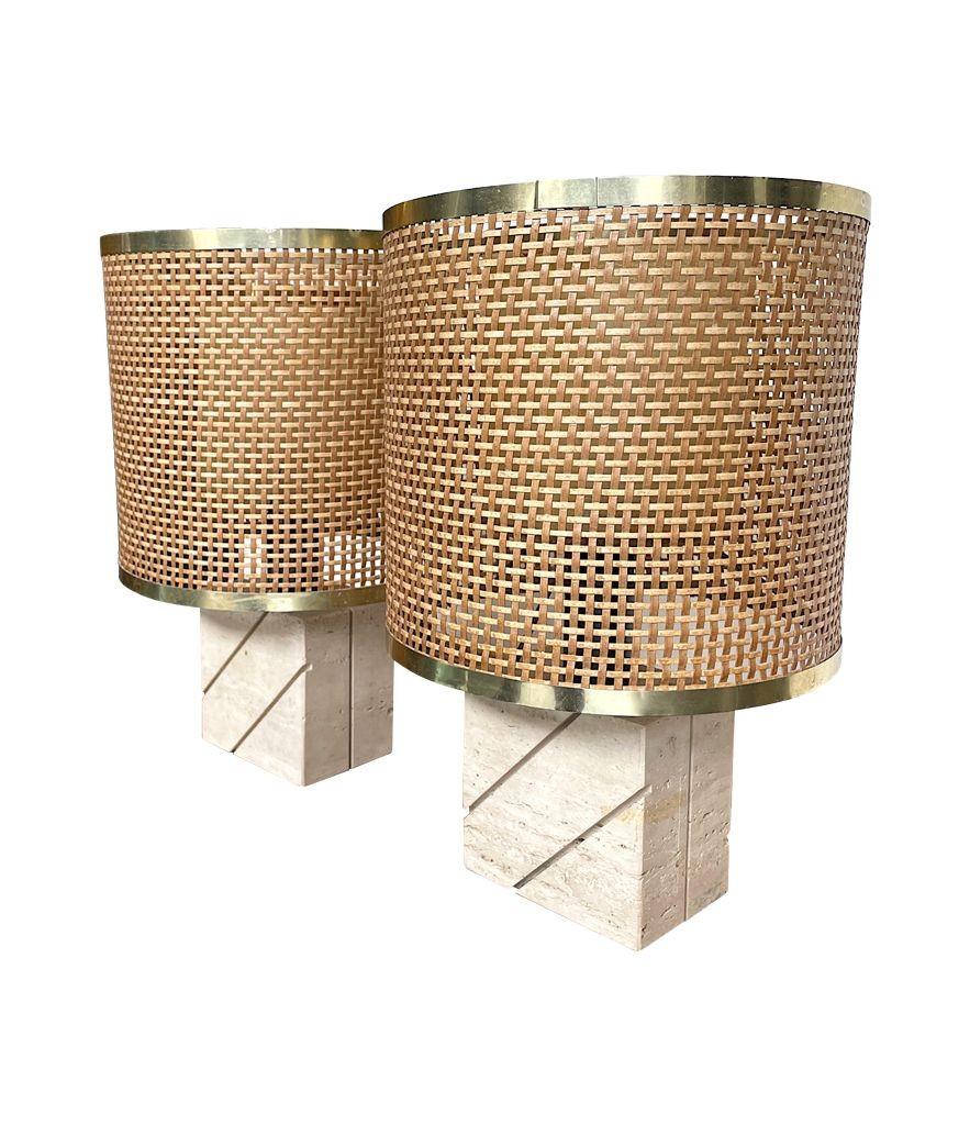 A lovely pair of 1970s Italian travertine and brass table lamps by Fratelli Mannelli with orignal rattan shades with brass edging and smaller internal diffusing shade. Re wired with new brass fittings, antique cord flex and switch and PAT tested.