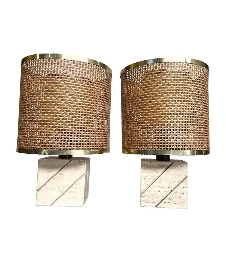 Pair of Italian 1970s Travertine and Brass Table Lamps by Fratelli Mannelli For Sale 1