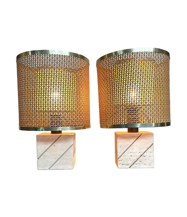 Pair of Italian 1970s Travertine and Brass Table Lamps by Fratelli Mannelli For Sale 2