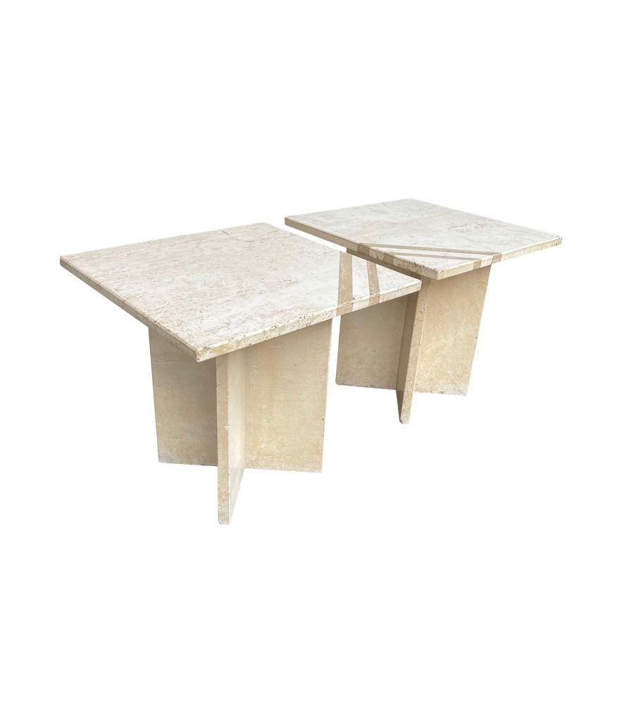 Pair of Italian 1970s Travertine Side / Bedside Tables with Brass Inlay Detail In Good Condition In London, GB