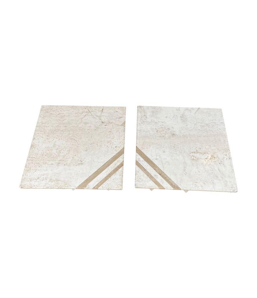 Late 20th Century Pair of Italian 1970s Travertine Side / Bedside Tables with Brass Inlay Detail