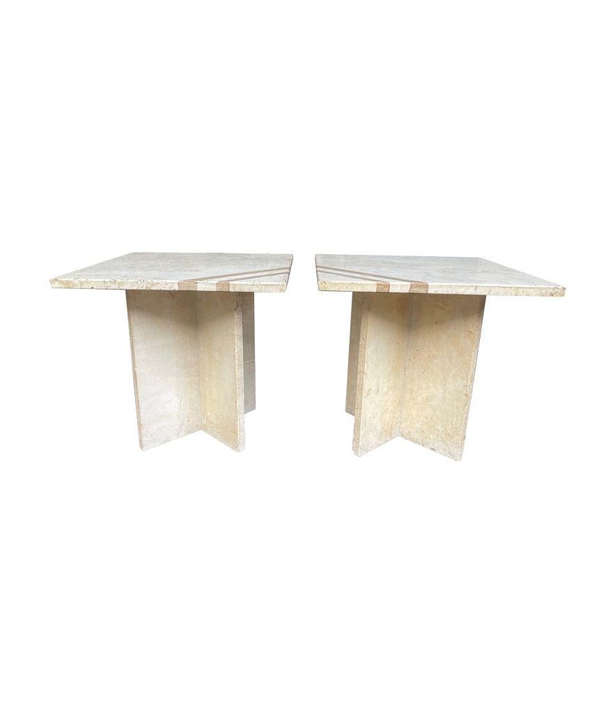 Pair of Italian 1970s Travertine Side / Bedside Tables with Brass Inlay Detail 3