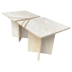 Pair of Italian 1970s Travertine Side / Bedside Tables with Brass Inlay Detail