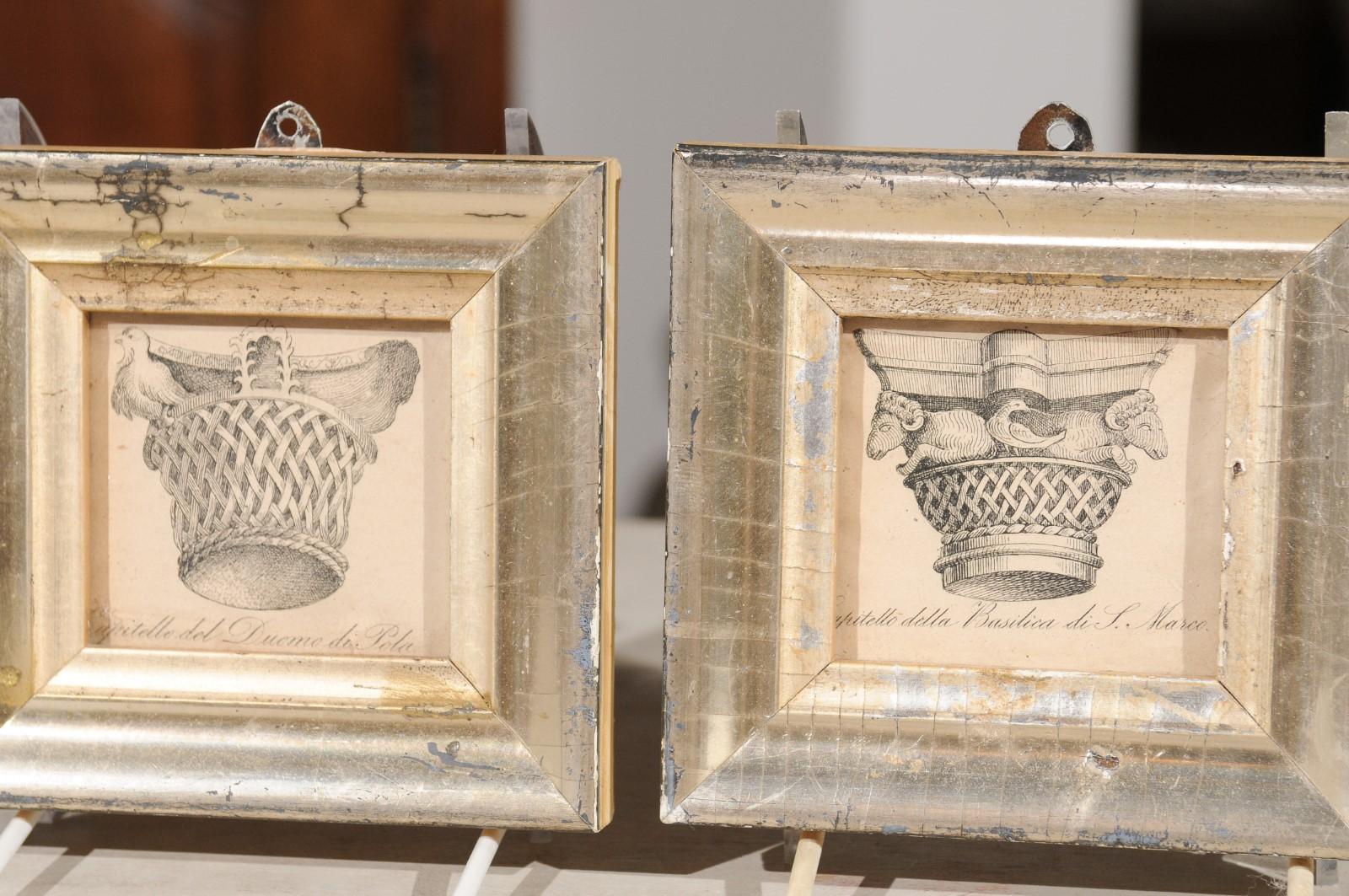 Paper Pair of Italian 19th Century Engravings Depicting Capitals in Silver Frames For Sale