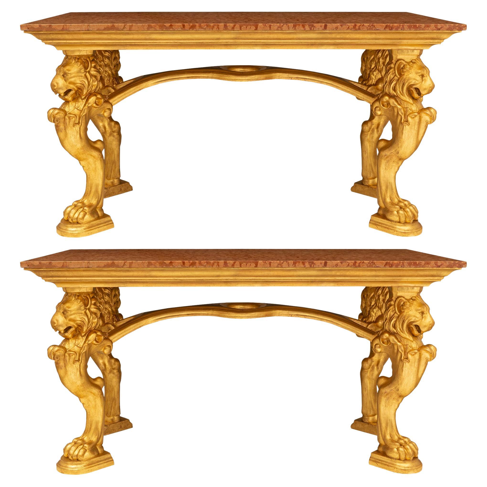 Pair of Italian 19th Century Neo-Classical St. Giltwood & Marble Center Tables