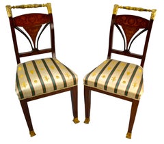 Pair of Italian 19th Century Marquetry and Gilt Bronze Empire Side Chairs