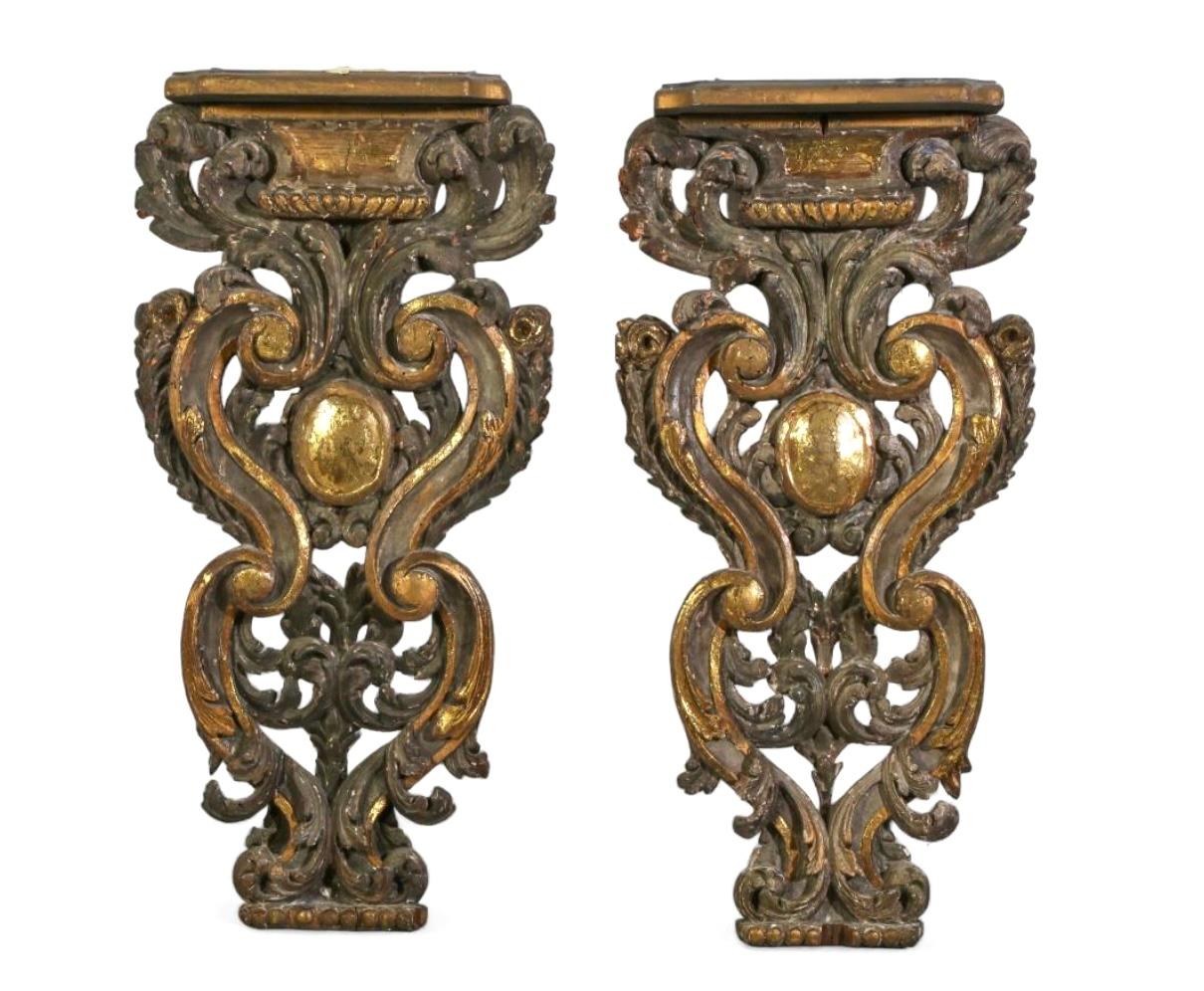 A Pair of Italian Baroque Painted and Parcel Giltwood Wall Brackets For ...