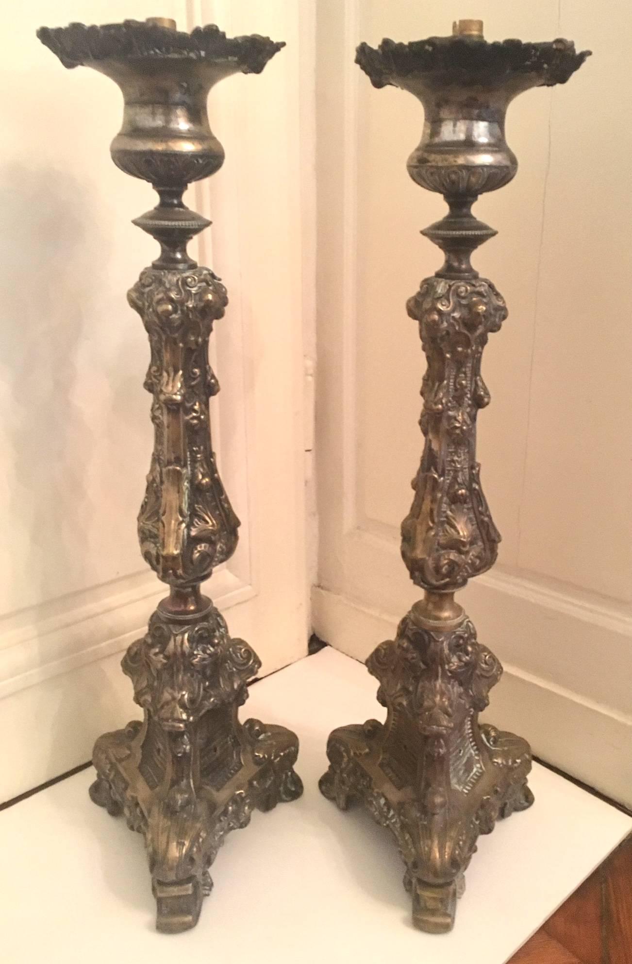 Pair of Italian Baroque Style Tall Altar Candlesticks 