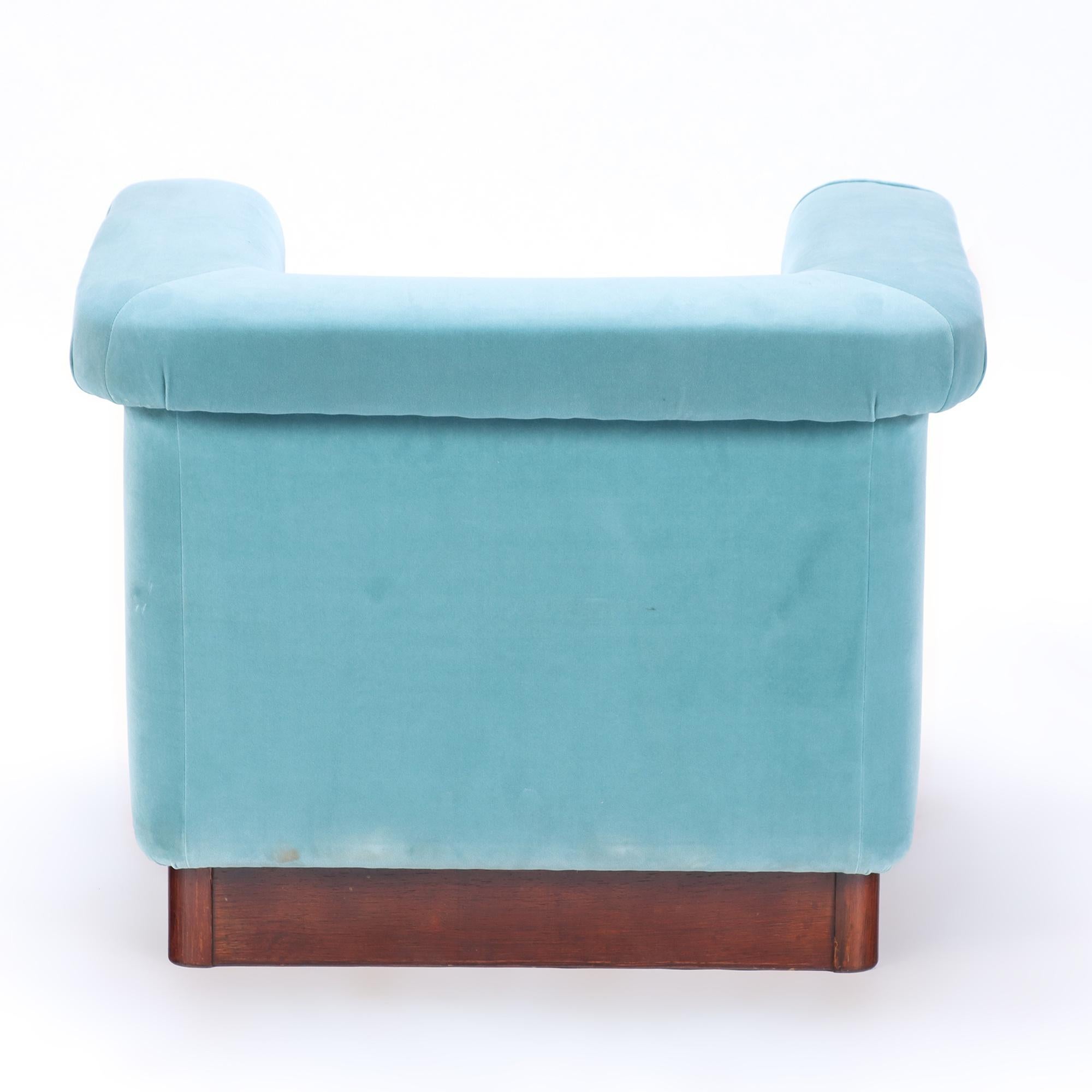 Pair of Italian Blue Velvet Upholstered Cube/Club Chairs, C 1970 1