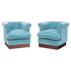 Pair of Italian Blue Velvet Upholstered Cube/Club Chairs, C 1970
