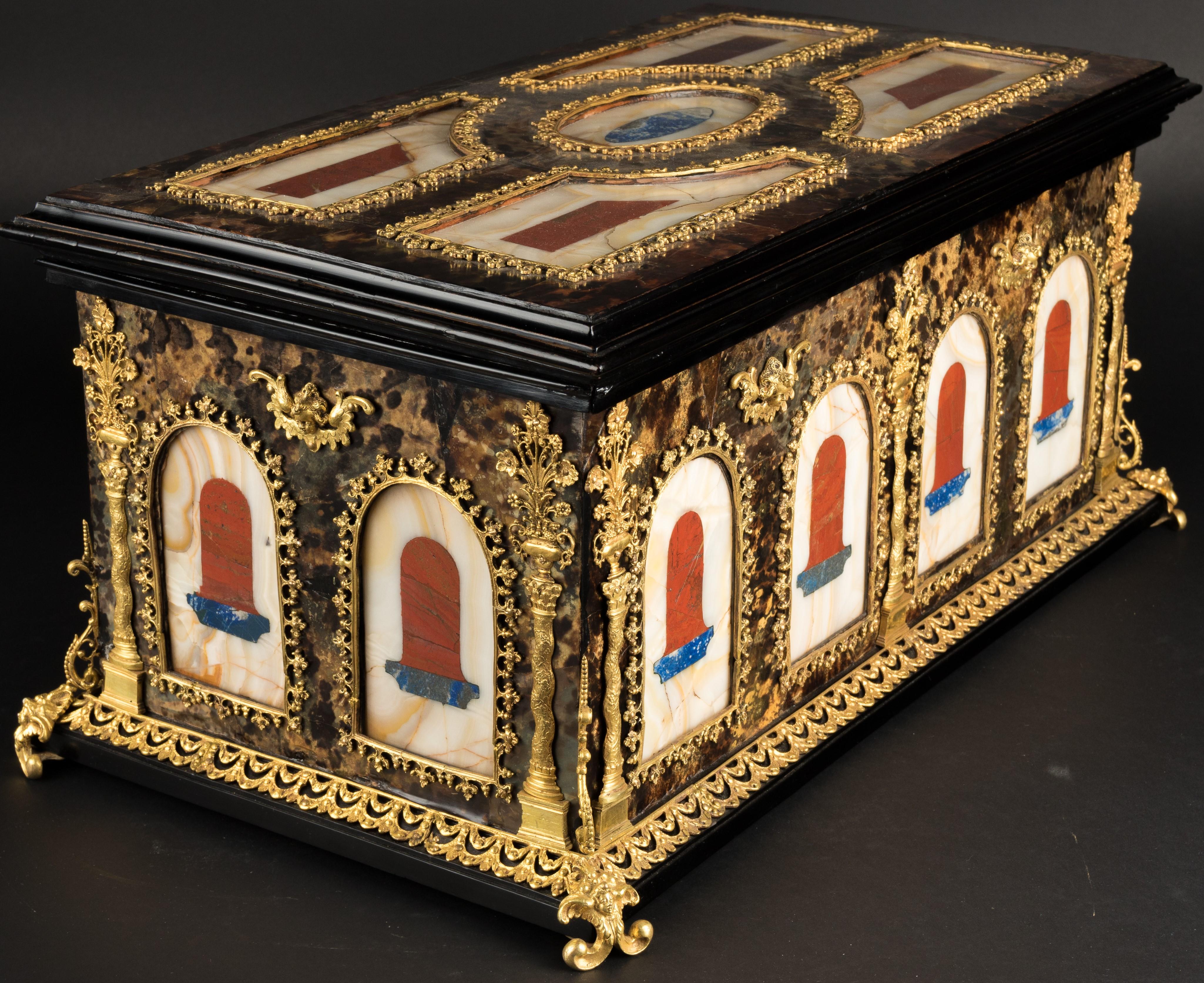 Blackened Pair of Italian Boxes in Marble and Bronze Covered in Tortoiseshell For Sale