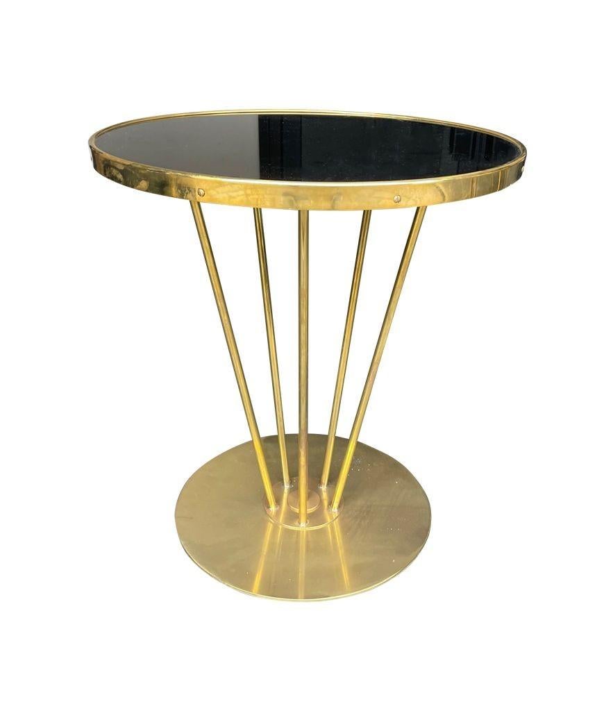 Mid-Century Modern Pair of Italian Brass and Black Glass Circular Side Tables For Sale