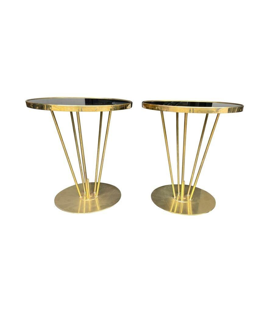 Pair of Italian Brass and Black Glass Circular Side Tables In Good Condition For Sale In London, GB