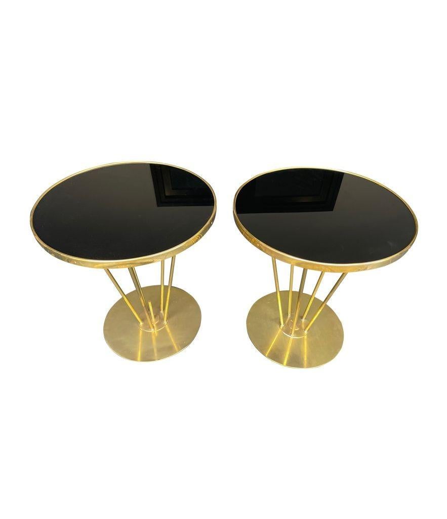 Late 20th Century Pair of Italian Brass and Black Glass Circular Side Tables For Sale