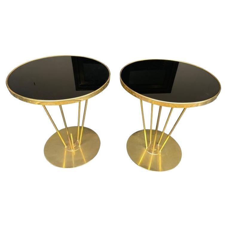 Pair of Italian Brass and Black Glass Circular Side Tables For Sale