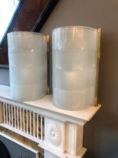 Pair of Italian Brass and Ribbed Glass Wall Lights Sconces
