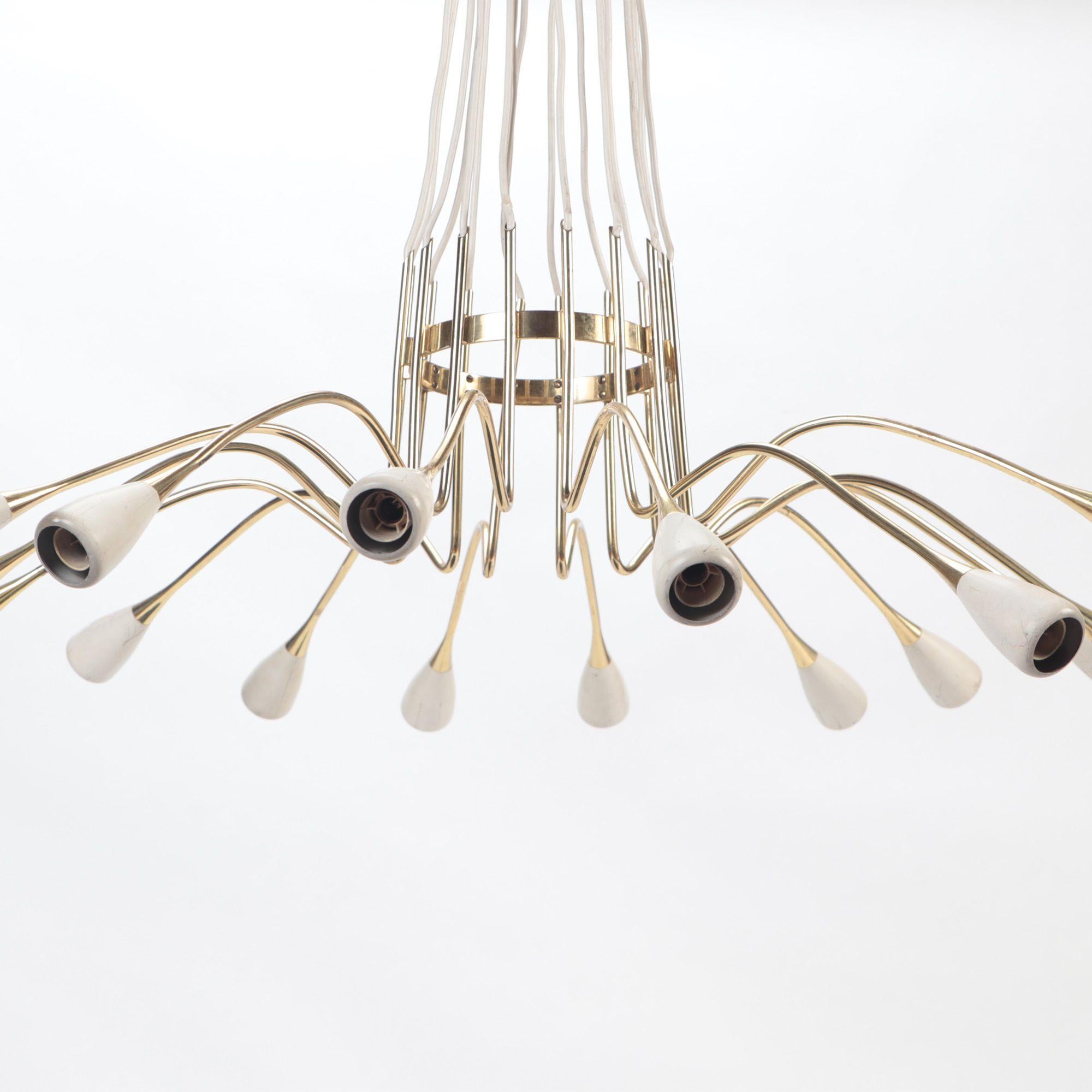Pair of Italian Brass and Spun Aluminum 16 Arms Chandeliers, circa 1950 For Sale 6