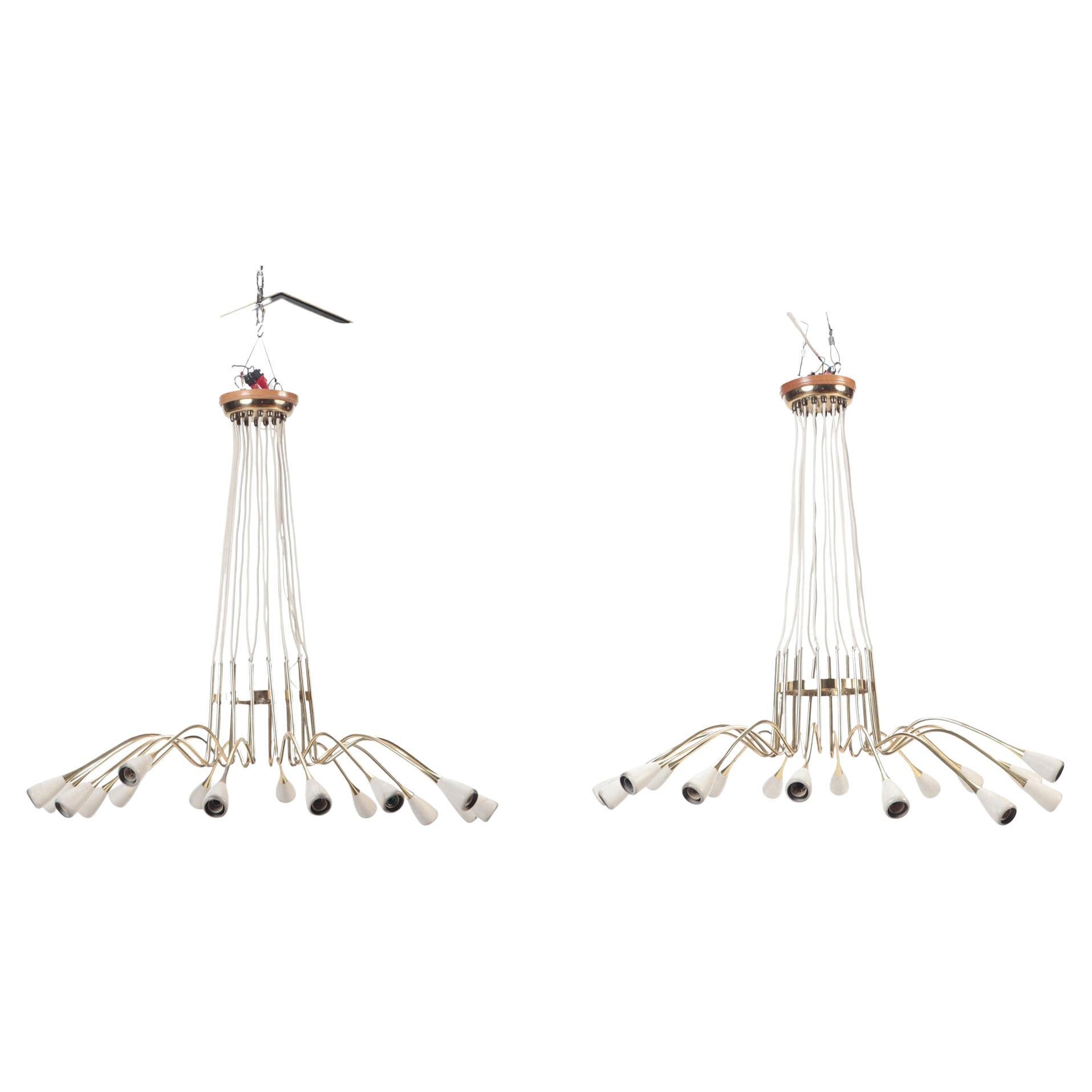 Pair of Italian Brass and Spun Aluminum 16 Arms Chandeliers, circa 1950 For Sale