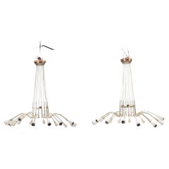 Vintage Pair of Italian Brass and Spun Aluminum 16 Arms Chandeliers, circa 1950