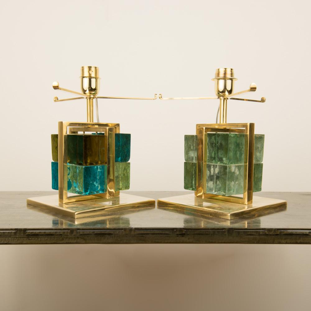 Pair of Italian Brass Cage Murano Glass Cube Lamps, Contemporary 2