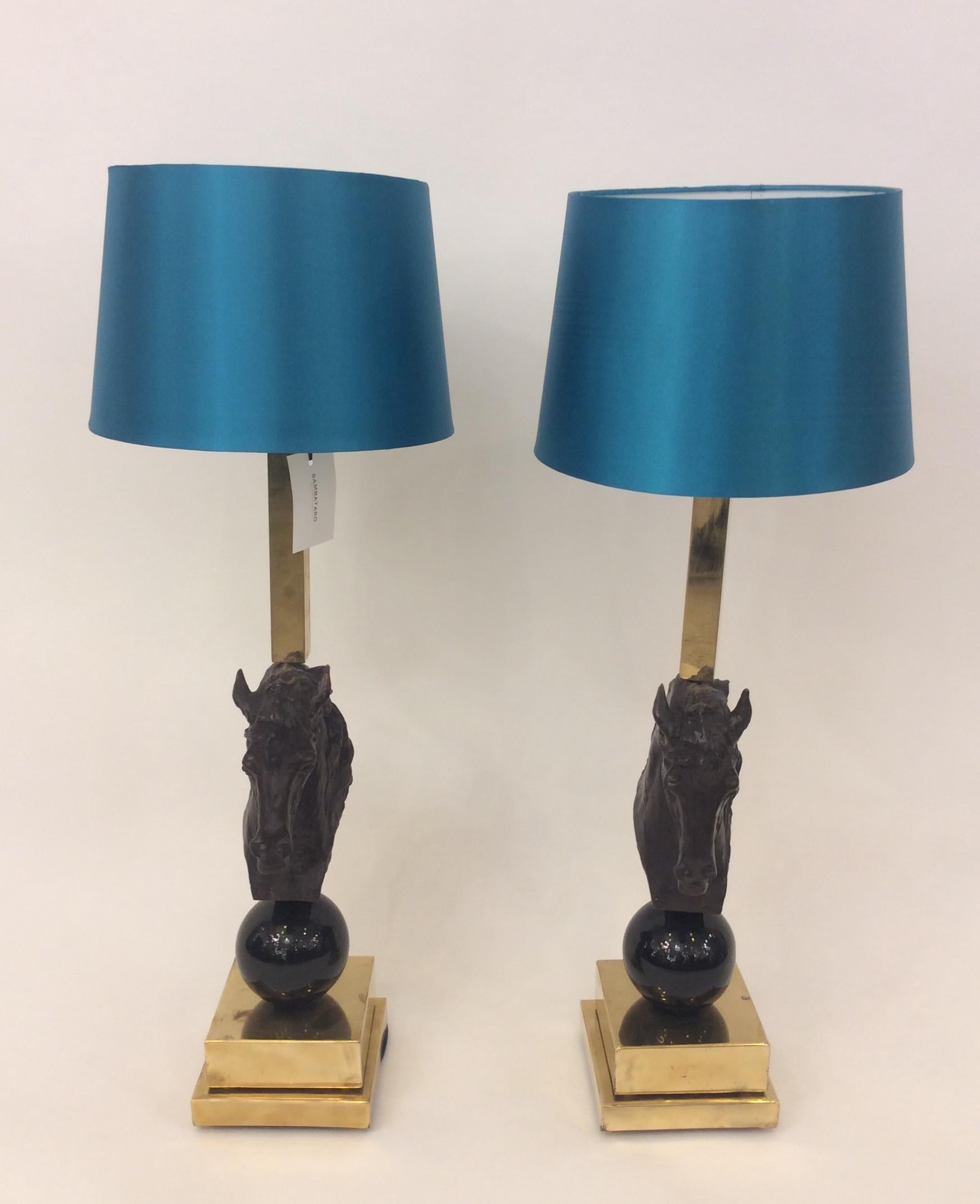Pair of Italian Bronze Horse Heads Table Lamps  1980 3