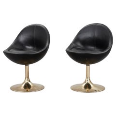Pair of Italian Chair Original Leather on Brass Base, Italy, 1970s