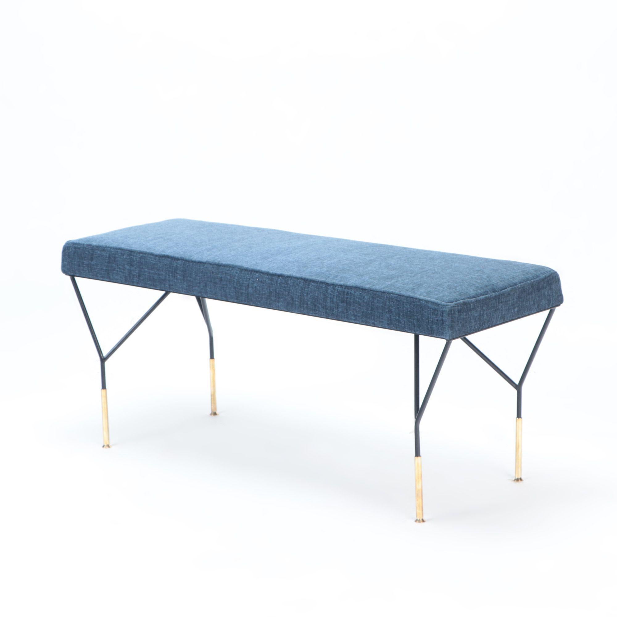 A pair of Italian contemporary brass benches with blue upholstered seats.
Can be sold individually.