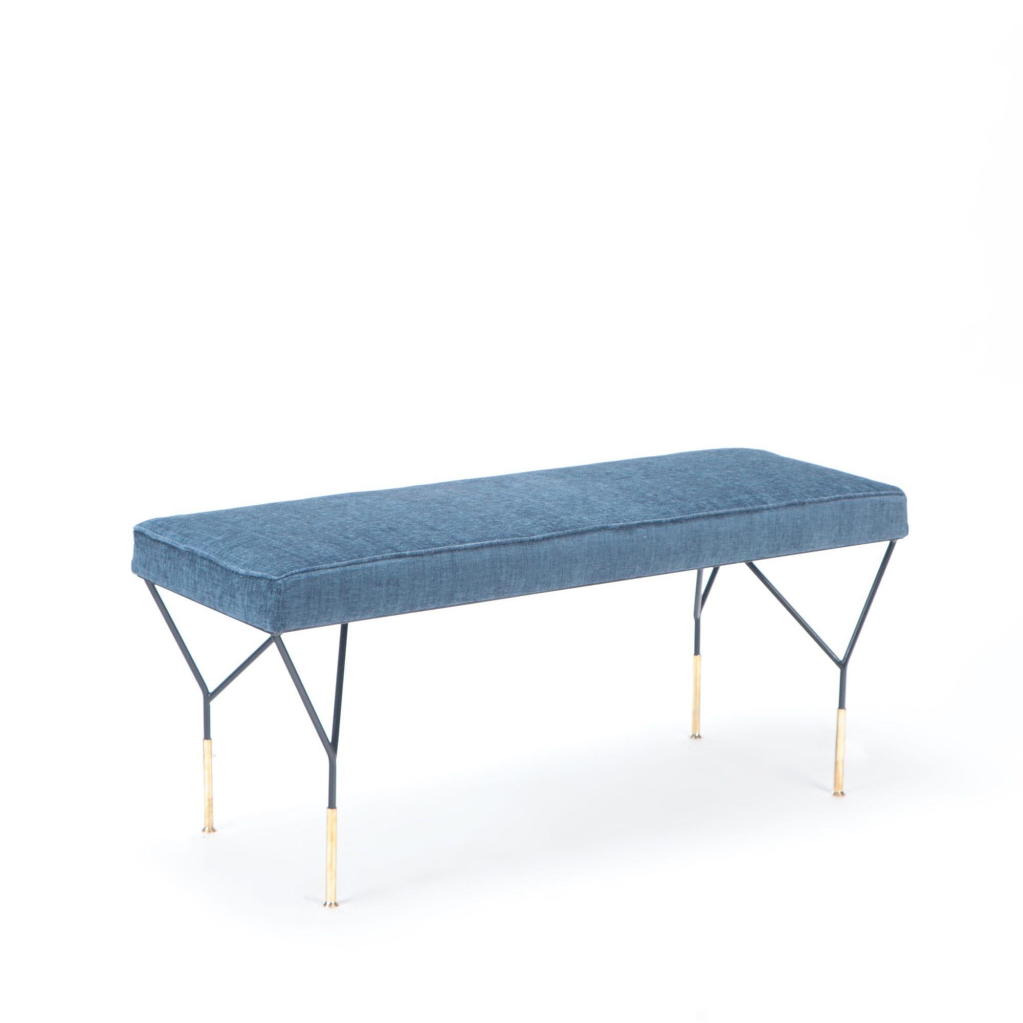 Italian Contemporary Metal and Brass Benche with Blue Cushion 1