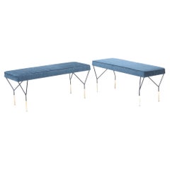 Pair of Italian Contemporary Metal and Brass Benches with Blue Cushions