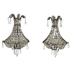 Italian Rococo Wall Sconces, Crystal and Iron, Mirrored, Circa 1940