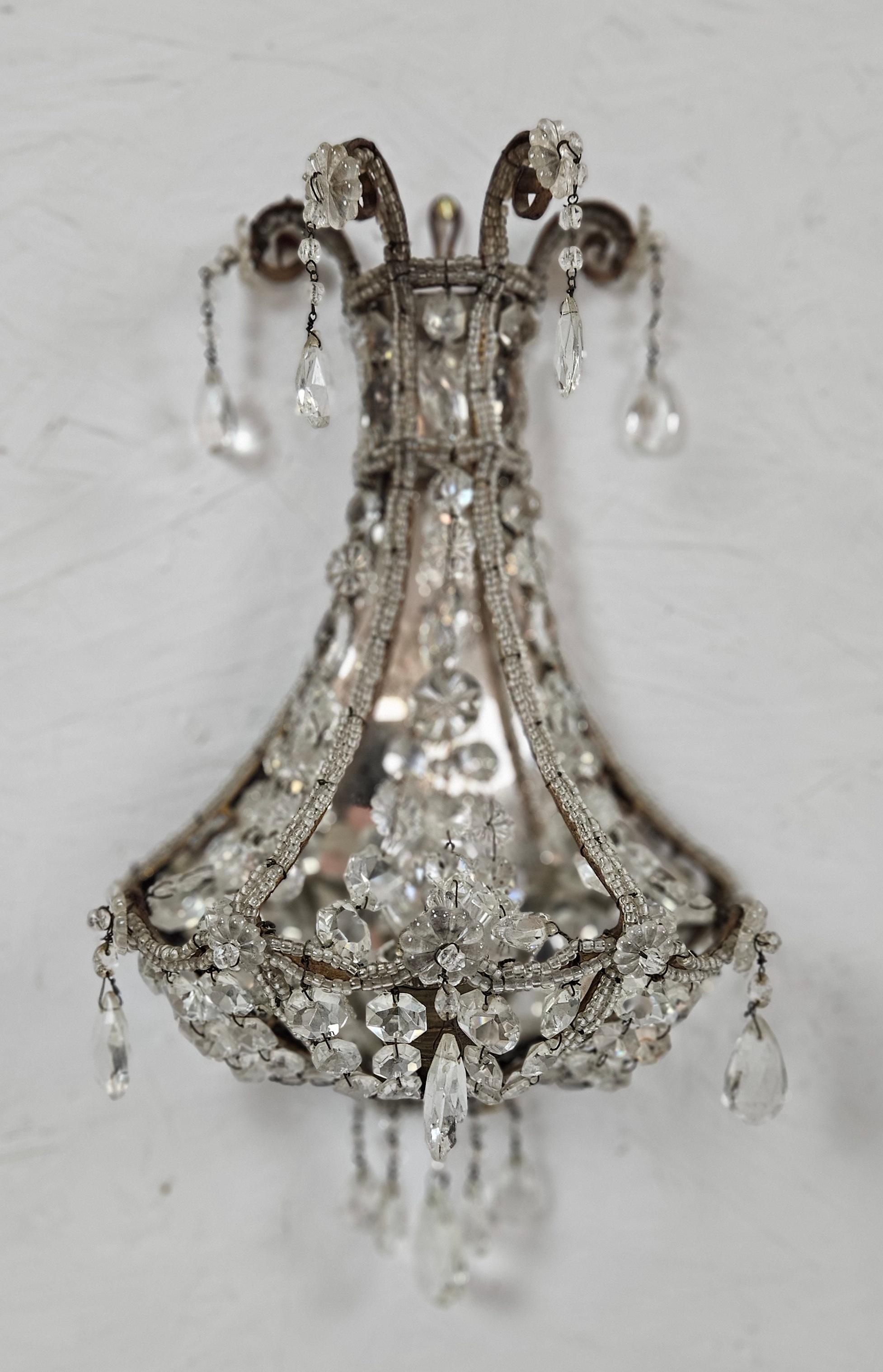 Rococo A Pair of Italian Crystal Wall Sconces 1940's For Sale