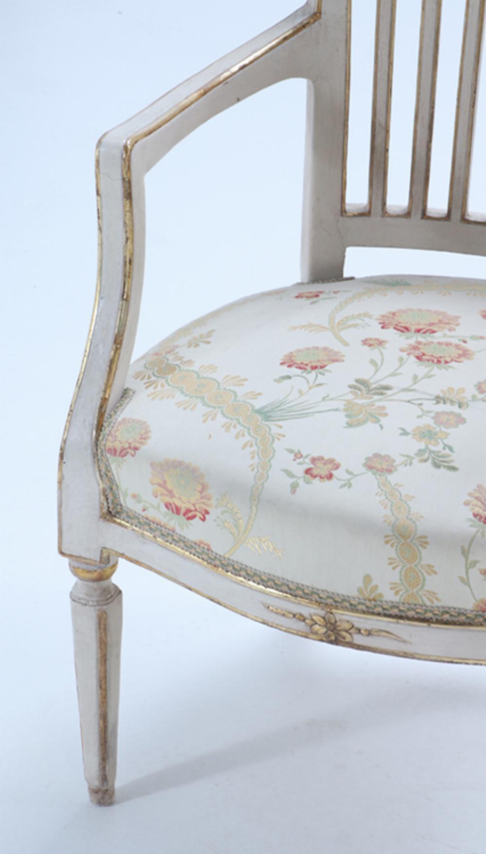 Upholstery A Pair of Italian Directoire painted and gilt open arm chairs, C 1800. For Sale