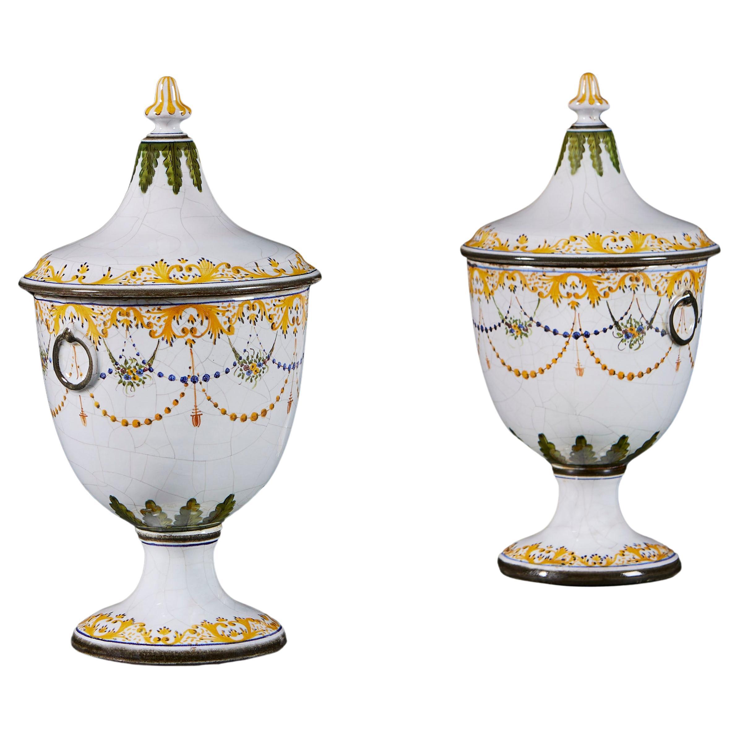 Italian Faience HandPainted Urns For Sale at 1stDibs