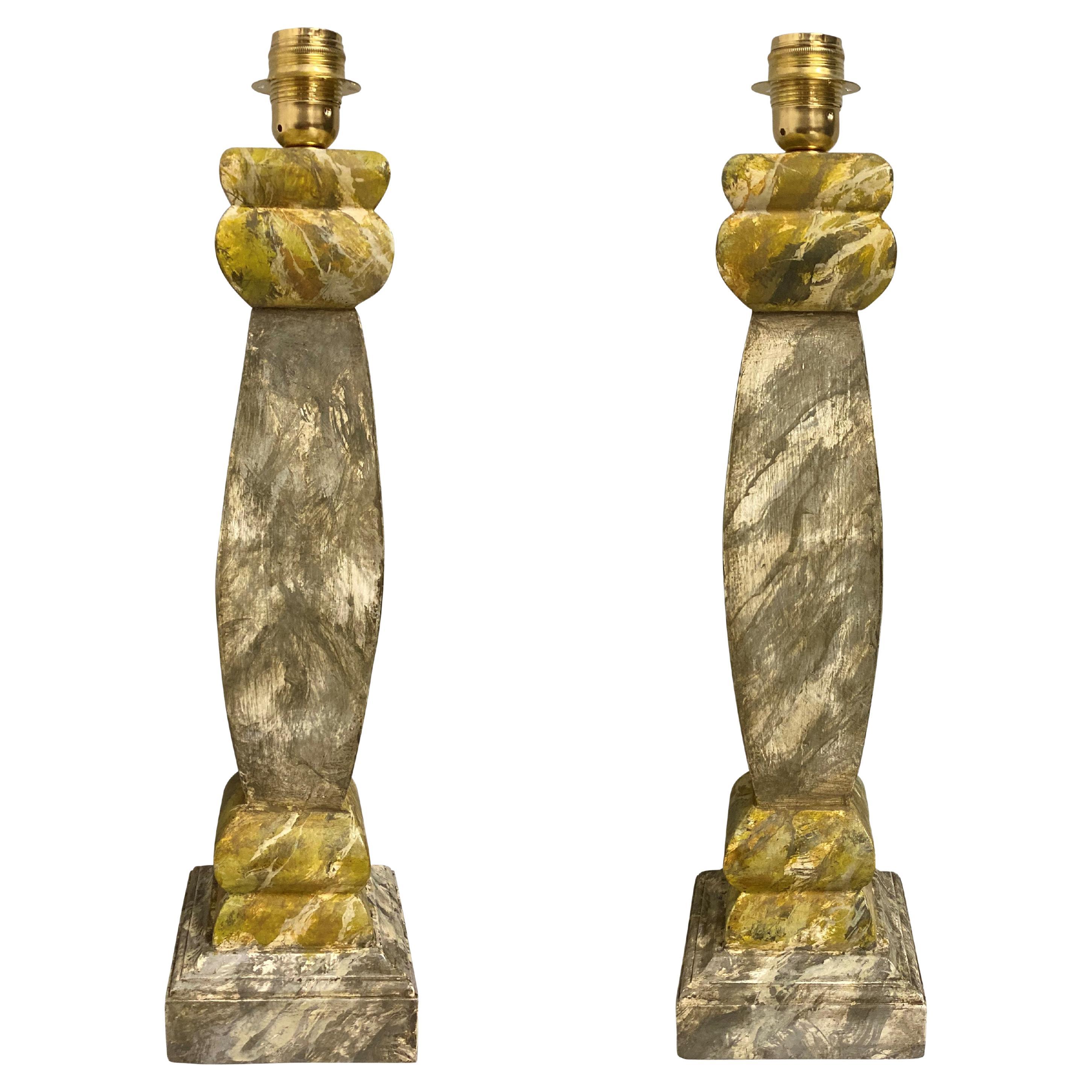 A Pair Of Italian Faux Marble Balustrade Lamps For Sale